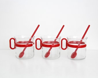 Vintage Randwyck Glass Coffee/Tea Cups // Glass Mugs with Red Plastic Handles and Spoons Bodum Style // set of 3