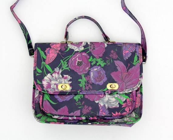 Vintage Bag // 1970's Vinyl Purple Floral Shoulde… - image 1