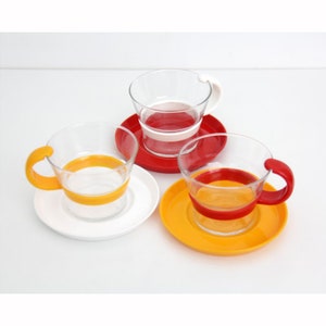 Vintage Coffee/Tea Cups // Bodum Glass Cups with Red/Yellow/White Plastic Handles and Saucers // set of 2