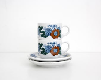 Tazze da caffè e piattini PILLIVUYT in porcellana francese vintage, anni '70 // Set di due tazzine da caffè espresso