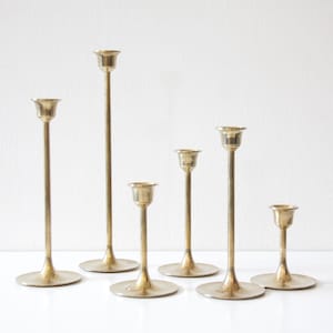 Vintage Brass Candlesticks // Set of Six Candle Holders // Tall Slim Candle Stick Set