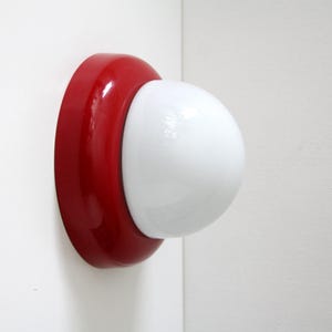 Vintage Sconce or Ceiling Lamp // 1980s Wall Lamp // Opaline Glass and Red Metal Base // Flush Mount Light Fixture