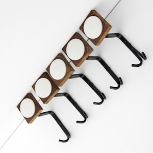 5x Vintage coat hooks // 70&#39;s wood and metal space age coat rack // hat rack // set of five