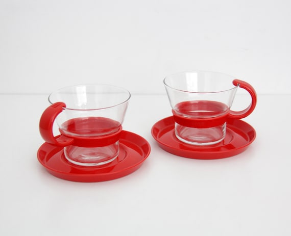 VINTAGE 2 BODUM Red Plastic Handle Glass Mugs Cups for Coffee Tea