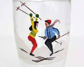 Rare distributeur de sucre Erich Kolbenheyer EKW fabriqué en Autriche / / Récipient à sucre en verre transparent peint à la main sur le thème du ski des années 1950