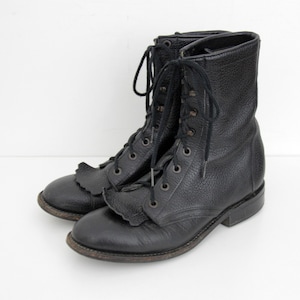 Vintage Fringe Boots // Black Leather Ankle Boots // Lace Up Leather Booties