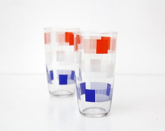 Vintage Drinking Glass Pair // Drink Glass Red and Blue Color Geometrical Pattern