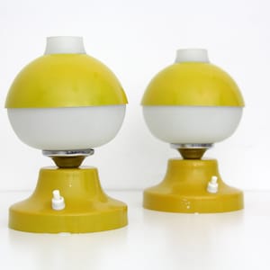 Vintage Lamp Pair // 50&#39;s 60&#39;s table lamp // glass and metal shade desk lamps // yellow and white