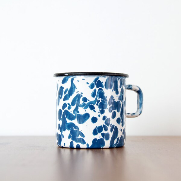 Vintage enamel mug // blue and white marbled mug