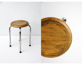 Vintage Industrial Stool // Bauhaus Chrome Tubular Steel and Wood Stool