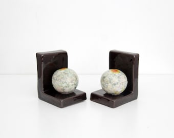 Vintage Bookends // Stoneware Ball Bookends // Sphere Glazed Ceramic Bookends Set of two