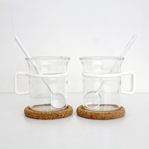 Vintage Tea/Coffee Cups / Bodum Glass Cups with Plastic Handles, Spoons and Cork coasters unused in a box / set of 2 cups / Picards Tea Cup