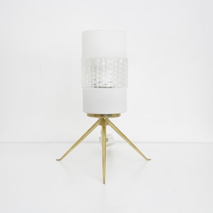 Vintage table lamp // 50&#39;s  60&#39;s tripod brass foot and glaass shade table lamp // bedside tripod lamp // mid-century modernist