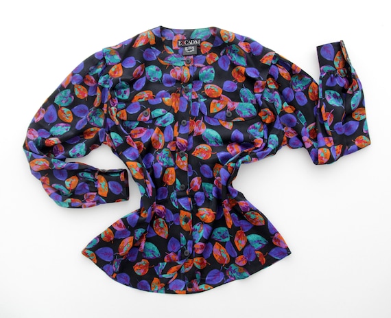 Vintage ESCADA Silk Shirt // Colorful Leaves Print