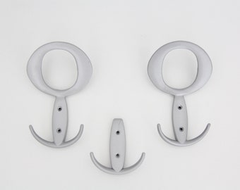 Vintage coat hooks // 70's gray metal space age coat rack // hat rack // set of three