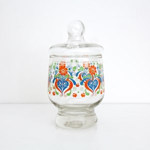 Vintage Lidded Glass Jar // Floral Candy Jar with Lid