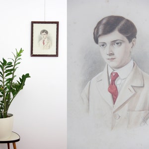 Antique framed portrait // 1916&#39;s 36cmx29cm drawing portrait of a young man
