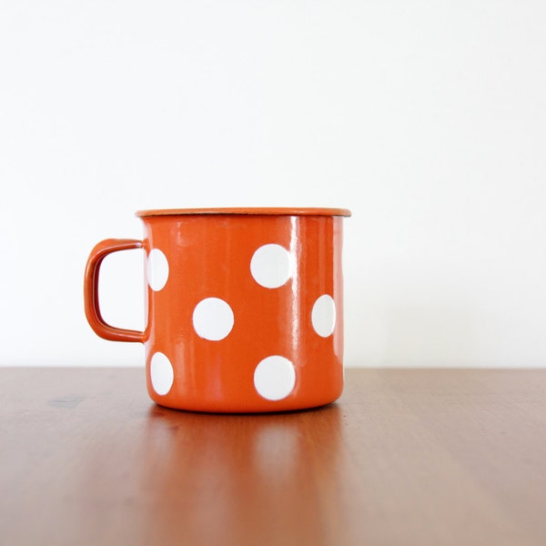 Vintage mug // orange polka dot enamel mug