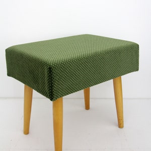 Vintage Mid Century Plush Stool with Green Velvet Upholstery and Tapered Wood Legs // 1960&#39;s Bench Stool Ottoman Seat