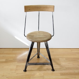 Vintage 1950s Industrial Chair // Workshop Rowac Style Chair // Wood and Metal Three Legged Chair