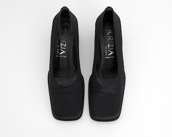 Vintage Shoes // KRIZIA Square Toe Black Slip On 90's Shoes // Black Neoprene Loafers