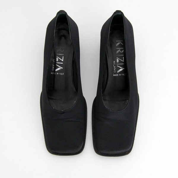 Vintage schoenen//KRIZIA vierkante teen zwarte slip op 90's schoenen//zwarte neopreen loafers