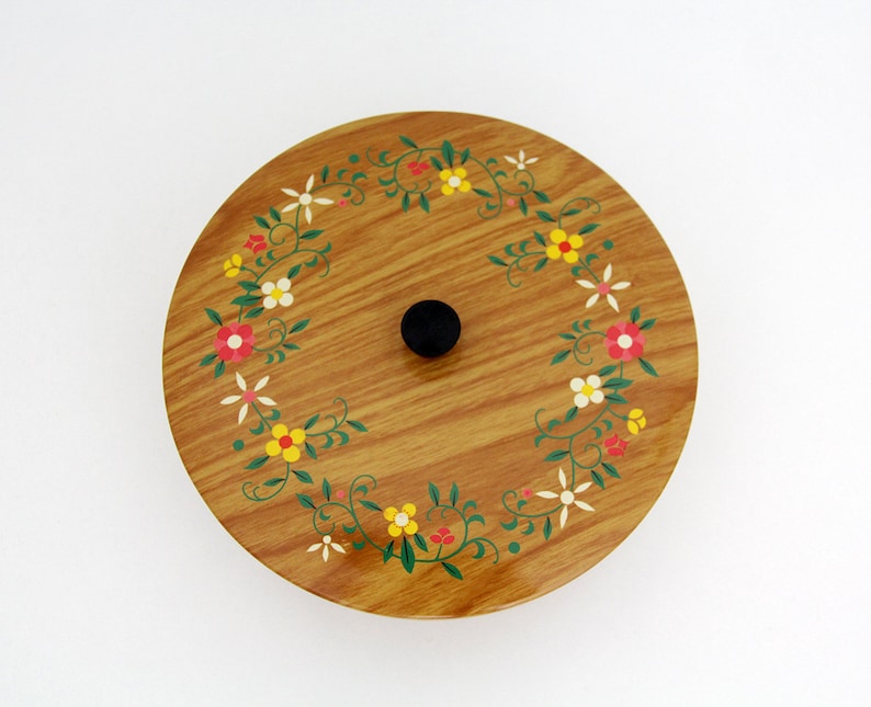 Vintage round tripod tin folk floral pattern container