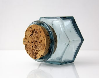 Vintage Lidded Glass Jar // Heavy Clear Glass Blue Hue with Cork Lid Storage Container
