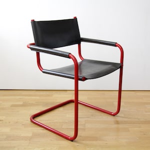 Vintage Mart Stam & Marcel Breuer Style Model S34 Tubular Chrome and Leather Cantilever Chair with Armrests in Rare Red Color