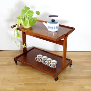 Vintage Trioh Denmark trolley // Danish teak wood bar cart // 2 tier wood serving cart, 1970s