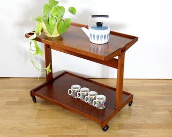 Vintage Trioh Denmark trolley // Danish teak wood bar cart // 2 tier wood serving cart, 1970s