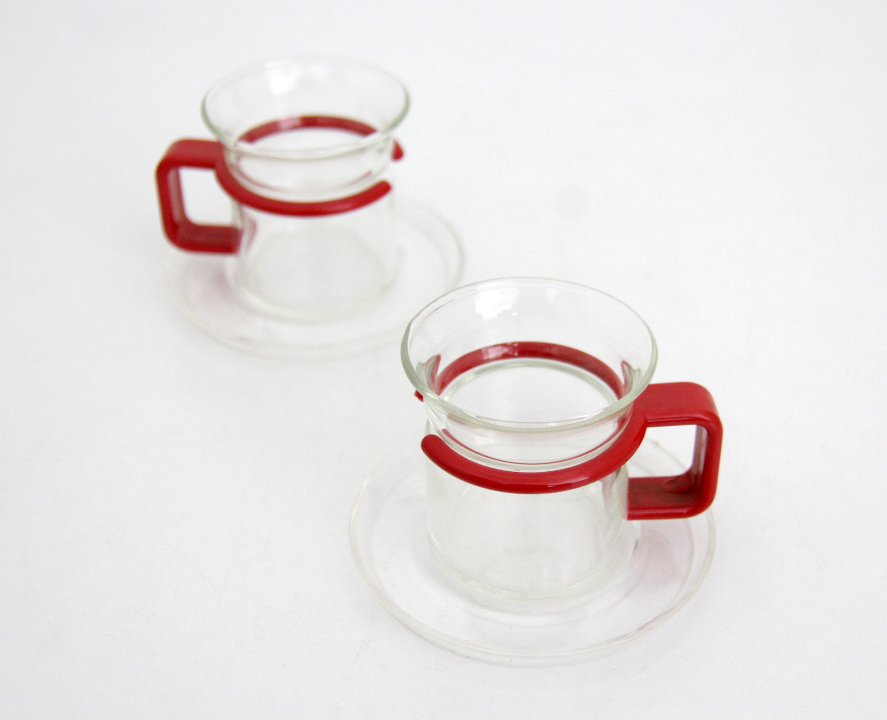 Pair of 2 Vintage BODUM Espresso Cups w Plastic Saucers Red