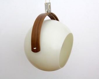 Vintage pendant lamp // 1960s Temde Space Age ceiling lamp with teak plywood frame and a spherical plastic lampshade