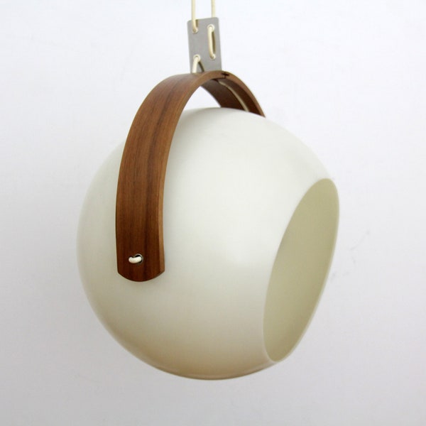 Vintage pendant lamp // 1960s Temde Space Age ceiling lamp with teak plywood frame and a spherical plastic lampshade