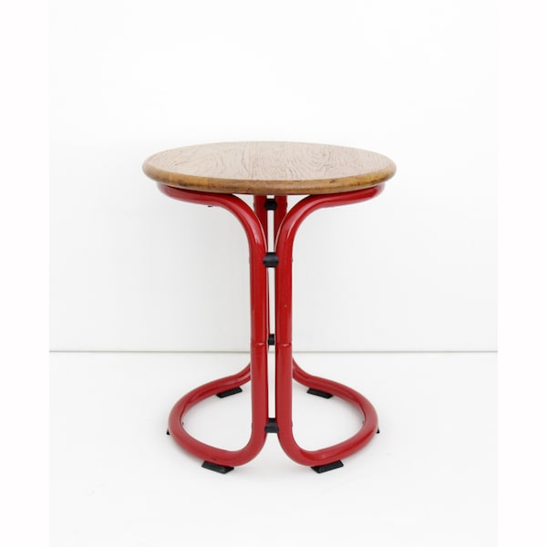 Rare Vintage 1970s Stool // Red Tubular Metal Base with Wood Seat Chair Made in Yugoslavia  // Memphis Style