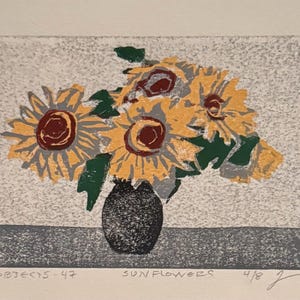 52 Objects - 47, Vase of Sunflowers -- Woodblock Print