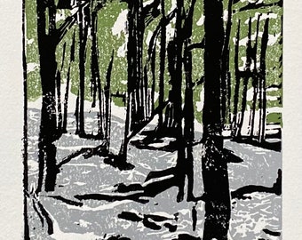 In the Woods - Spring Snow - Woodblock Print