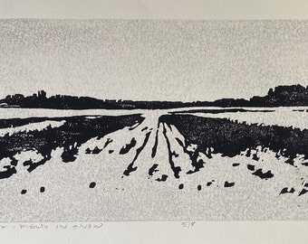 Noticing 17 - Field in Snow, Original Handprinted Woodblock Print