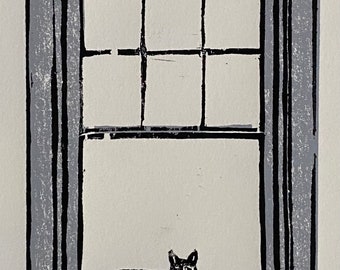 52 Objects - Cat on Window- Woodblock Print