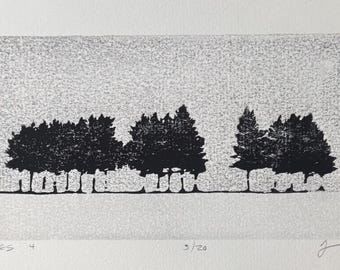 May include: A black and white print of a landscape featuring a row of trees. The trees are silhouetted against a textured, light gray background. The print is labeled "Trees 4" and "3/20".