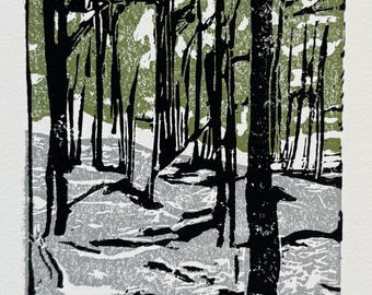 In the Woods - Spring Snow - Woodblock Print