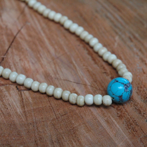 Turquoise Necklace: Native American Style Turquoise Necklace, Turquoise Sphere, Turquoise Pendant, Bone Beads and Turquoise
