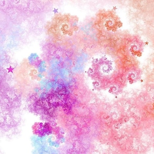 May include: Abstract digital art featuring swirling patterns in shades of pink, purple, and orange, with touches of blue. The design includes spiral shapes and small star accents, creating a dreamy, ethereal aesthetic.