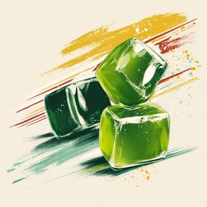 May include: An artistic rendering of three translucent green cubes, stacked and arranged diagonally. The cubes have a glossy appearance, with highlights and shadows. The background features brushstrokes in yellow, red, and green, creating a dynamic composition.