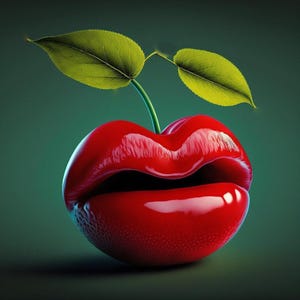 May include: A glossy red cherry with a pair of green leaves and a stem. The cherry is shaped like a pair of red lips, with a dark opening. The background is a solid, dark green.