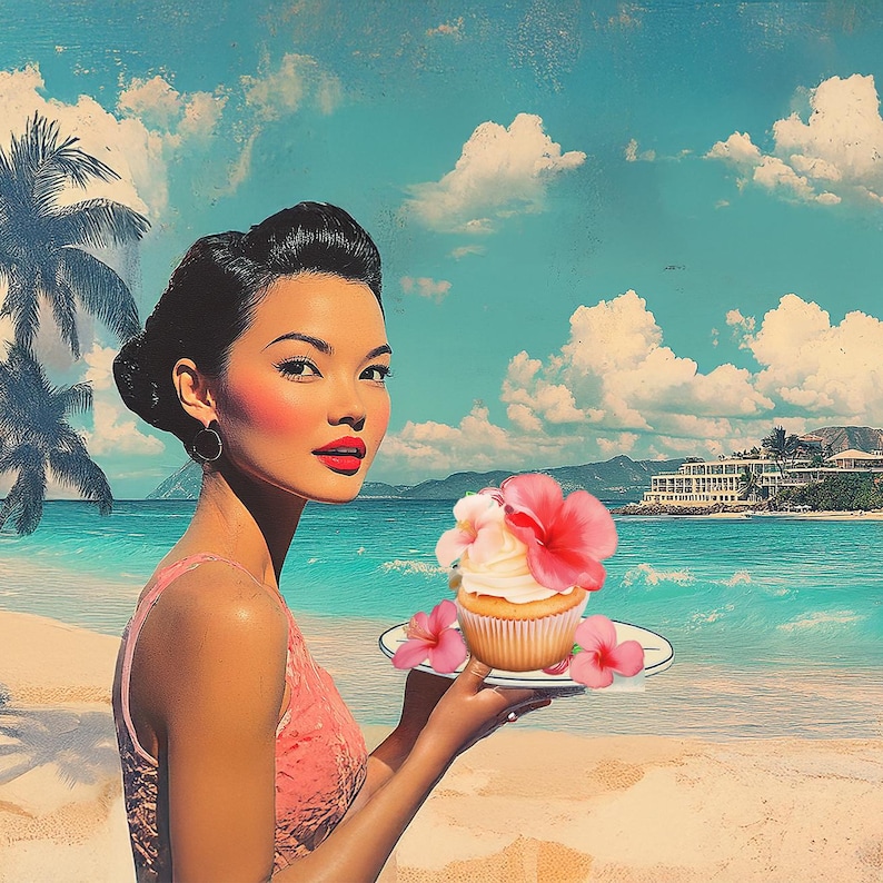 A woman in a pink dress holding a plate with a cupcake and pink flowers stands on a beach with palm trees and a clear blue sky in the background.