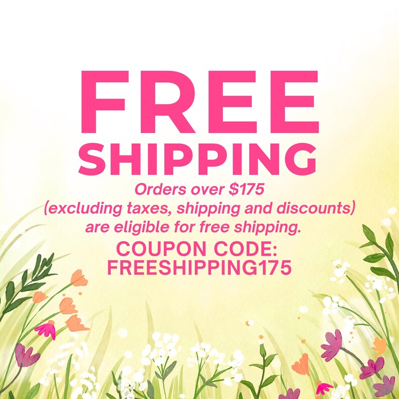 The image is a promotional graphic for a free shipping offer. It features a background of colorful flowers and green grass, with bold pink text announcing the free shipping promotion.