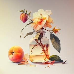 May include: A still life composition featuring a glass jar with flowers and a peach. The jar contains a golden liquid and is adorned with peach-colored flowers and green leaves. A ripe peach rests beside the jar, with scattered petals.