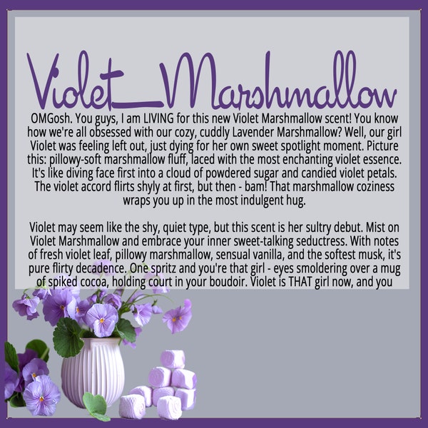 Violet Marshmallow - The Shy Girl's Time to Shine - Body Butter, Body Cream, Hair Perfume, Body Spray, Body Mist, Body Oil, Perfume