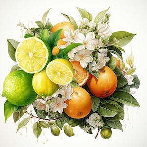 May include: A vibrant watercolor illustration of citrus fruits and white flowers. The image features sliced lemons, limes, and oranges, along with green leaves and delicate white blossoms. The arrangement is set against a white background.